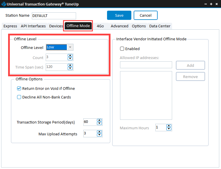 Universal Transaction Gateway Secured Offline Standin Settings