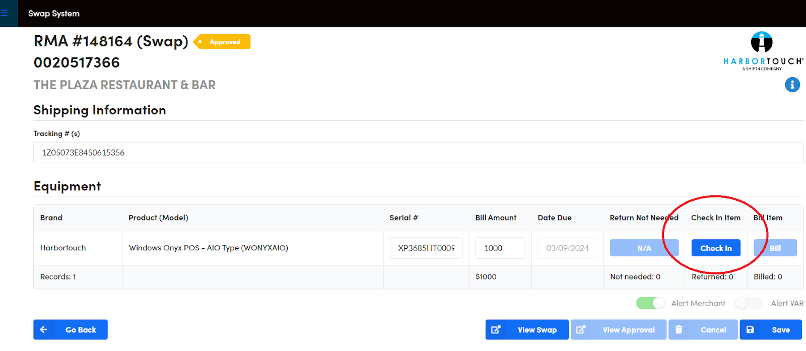 Shows before image of Check In button of RMAs.
