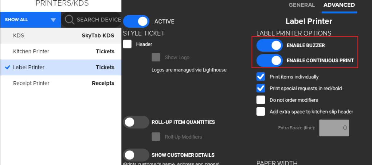 Enable Label Printer Buzzer and Continuous Printing on the